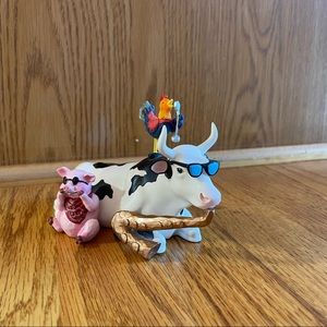 Whimsical Cow & Pig Figurine - White, Black, Pink